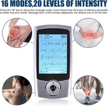 Пристрій TENS 16 режимів: електростимулятор для зняття болю та розслаблення м'язів. 16 програм, 20 рівнів інтенсивності, 2 канали, EMS, преміум електроди (білий)