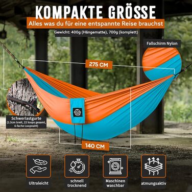Гамак туристичний Monkey Swing ультралегкий, 275x140 см, до 300 кг, для кемпінгу, трекінгу та подорожей (зелений/хакі, бірюзовий/помаранчевий)