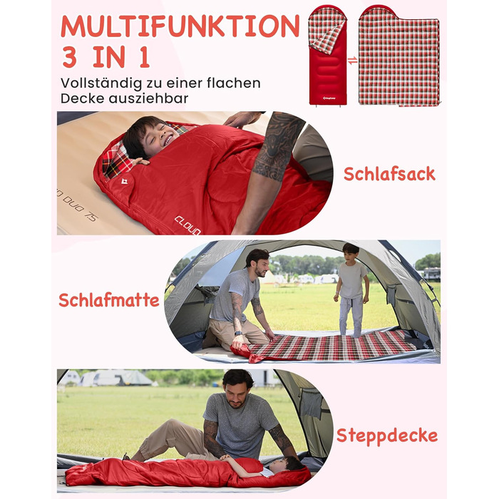 Сплячий мішок KingCamp для дітей з фланелі, легкий, водонепроникний, компактний, зимовий, 4 сезони, для кемпінгу, підходить для дітей до 140 см, комфортна температура: 7°C (червоний)