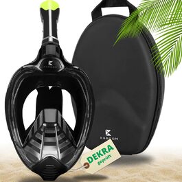 Маска для снорклінгу Khroom Seaview X: Повнолицьова маска з трубкою для дорослих та дітей, сертифікована DEKRA (безпека CO2). Розмір S/M (до 1.59м), чорна. З кейсом.