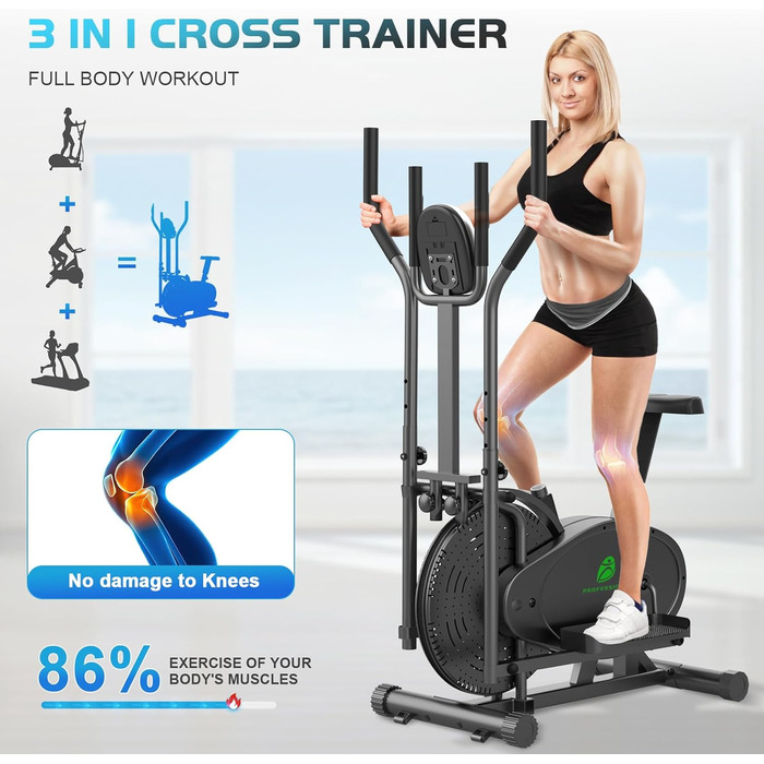 Еліптичний тренажер 2 в 1 з функцією степпера для дому, чорний. З LCD-монітором та регулюванням опору.