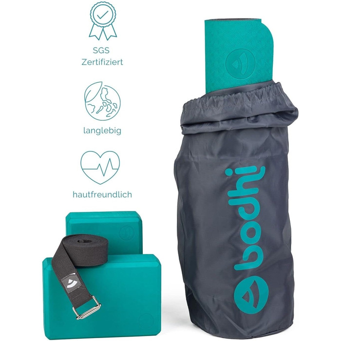 Комплект для йоги Bodhi Yoga Starter-Set: йога-мат TPE, 2 блоки EVA, ремінь бавовна, для початківців, бірюзовий