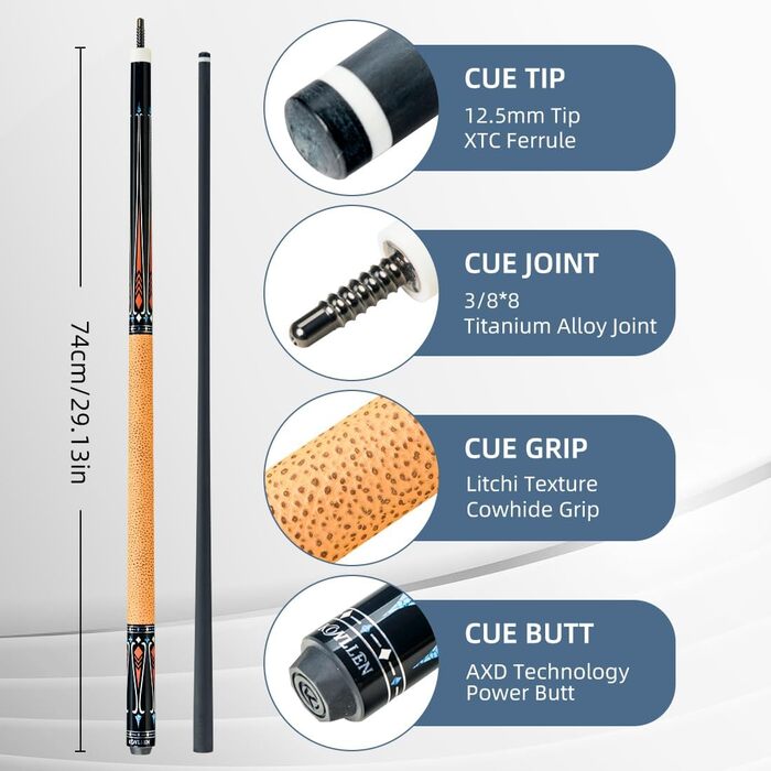 KONLLEN Billardqueue з карбону, 58 дюймів, професійний бик для дорослих, технологія Vollcarbon, низький коефіцієнт відхилення, бик для більярду з наконечником 12,5 мм (Pro Taper, ультрагладкий) KL-09