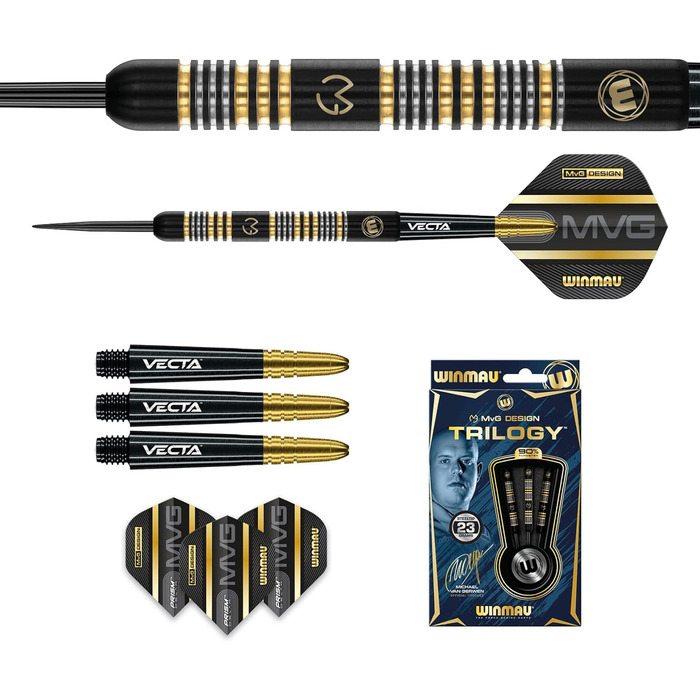 Дротики WINMAU Michael Van Gerwyn MvG Trilogy 23 г, сталевий наконечник, вольфрам, професійний набір з оперенням і шaфтами