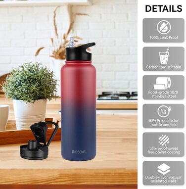 Термос пляшка MURBONE з нержавіючої сталі 1,2 л, 2 кришки, з трубочкою, BPA Free, герметична, підходить для газованої води, вакуумна ізоляція, для спорту, подорожей, кемпінгу