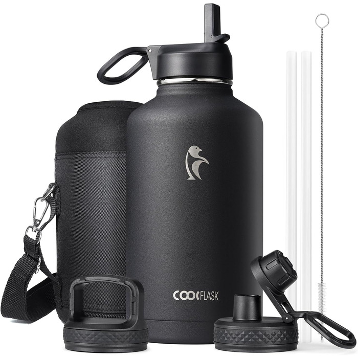 Ізольована пляшка для води Coolflask 2L з трубочкою та 3 кришками, з нержавіючої сталі, для спорту та офісу, подвійне вакуумне покриття, чорна, 2000 мл