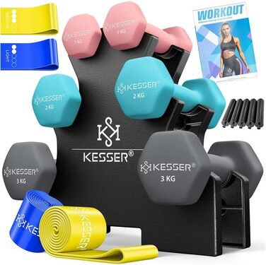 Набір гантелей KESSER® 12 кг з підставкою, 3 пари (1-5 кг), нековзкий неопрен, з інструкцією та фітнес-гумками
