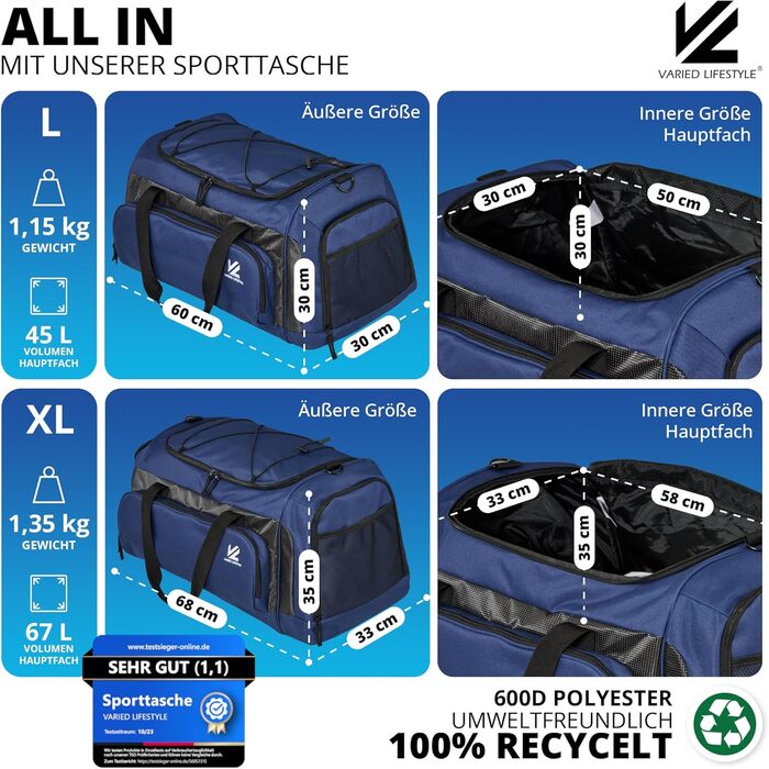 Спортивна сумка V® з відділенням для взуття, мокрою білизною та ізольованим холодильним відсіком. Сумка для сауни, подорожей, спортзалу, фітнесу, плавання. Чорно-сірий (XL, Синьо-карбоновий)