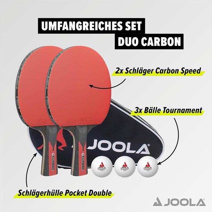 JOOLA Набір для настільного тенісу Duo Carbon: 2 ракетки, 3 м'ячі, чохол, 6 предметів, червоний/чорний