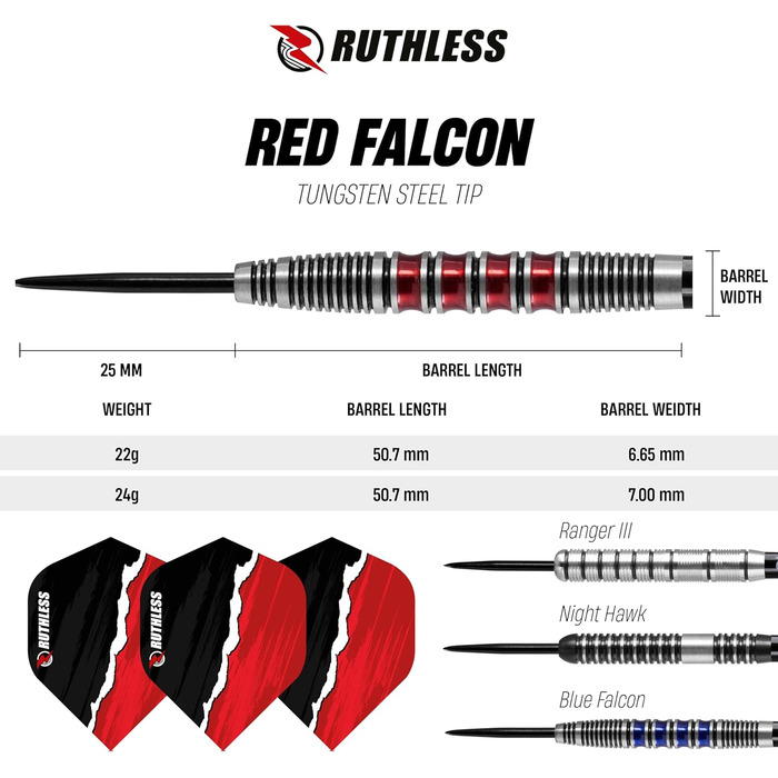 Професійний дартс-набір RUTHLESS Red Falcon з вольфрамовими сталевими наконечниками 22 г і 24 г, з оперенням та стержнями
