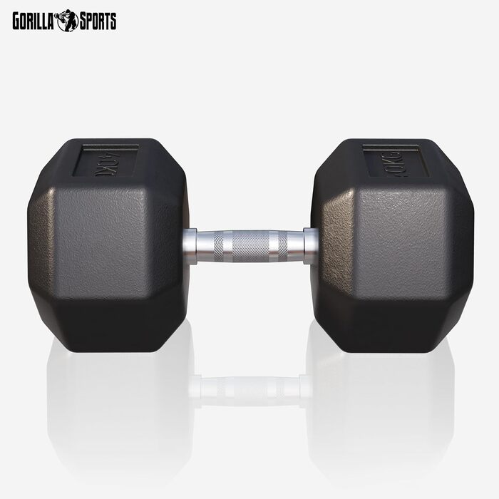 Гантелі шестигранні GORILLA SPORTS 40 кг – гантелі з гусатого заліза, прогумовані, нековзкі, хромована рифлена ручка, чорні, для силових тренувань та фітнесу