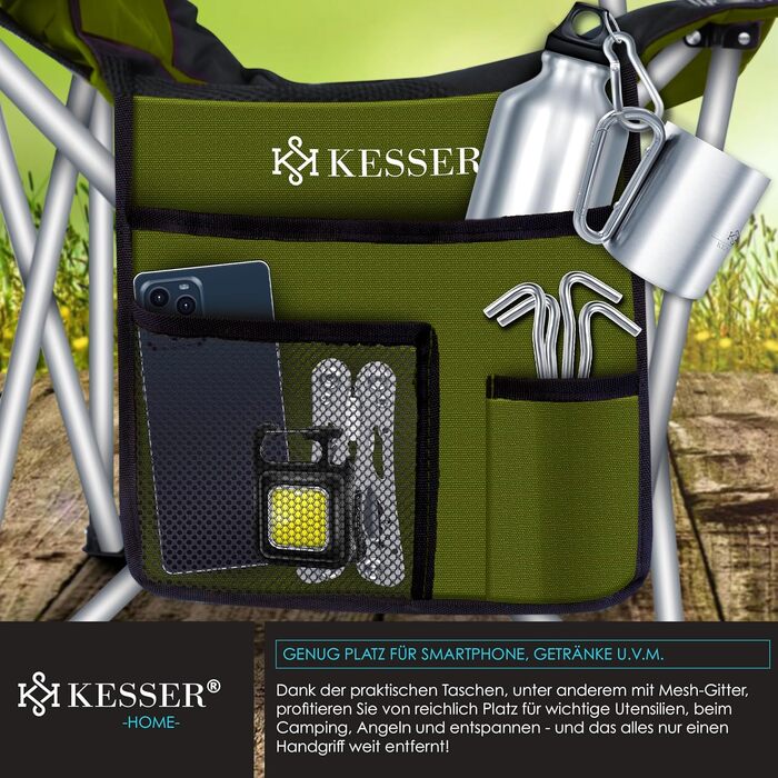 Крісло для кемпінгу KESSER® з підлокітниками, 150 кг, з підсвіткою, тримачем для напоїв, хакі/чорний