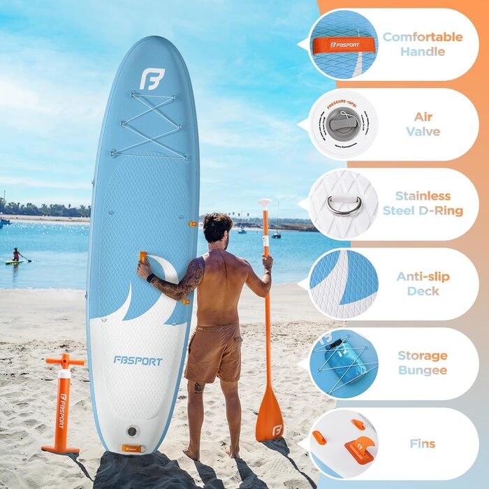Надувний SUP-борд FBSPORT для дорослих та підлітків: комплект з насосом, веслом та аксесуарами (LightBlue)