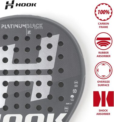 Унісекс падельна ракетка Hook Platinum Black Spyder, 355/365 г, 100% карбон, контроль 95%, EVA, середній баланс, піщане покриття, кругла форма