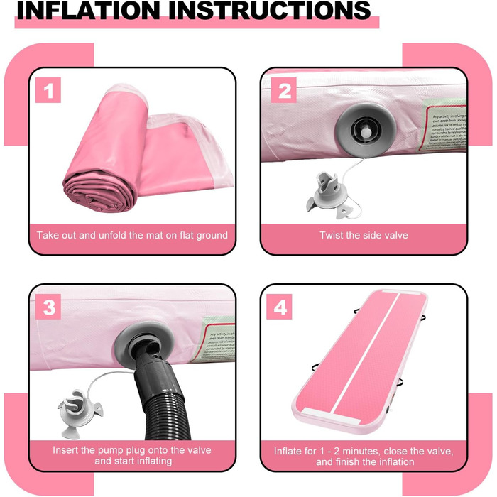 Гімнастичний надувний мат (килимок) 2м/3м/4м/5м/6м, 10см, для фітнесу, йоги, танців, рожевий, з насосом, для дому