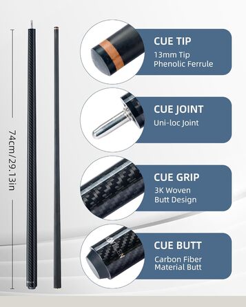 Білльярдний кий для брейків KONLLEN Heavy Hitter, карбоновий, з наконечником 12.9 мм, кий для удару, кий для пулу (KL-HH), 1/2 розділений, 3-х частинний кий для брейків та джампів, KL-HH Uniloc