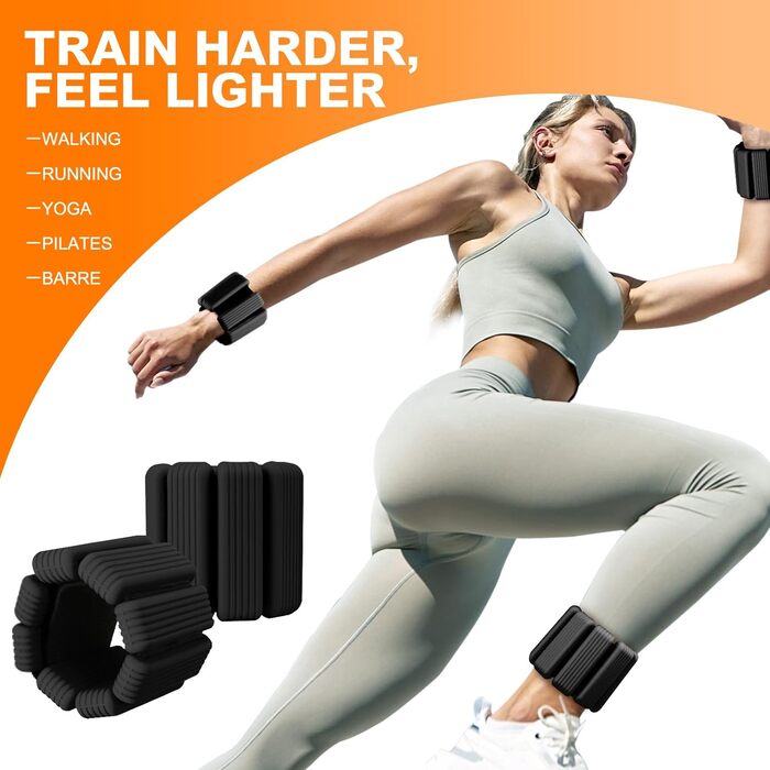 Набір фітнес-ваги для ніг та рук (2 шт., по 0,5 кг) - ваги-манжети для рук, ніг, 1 кг, регульовані. Підходять для фітнесу, йоги, пілатесу, аеробіки, ходьби, плавання. Чорний колір.