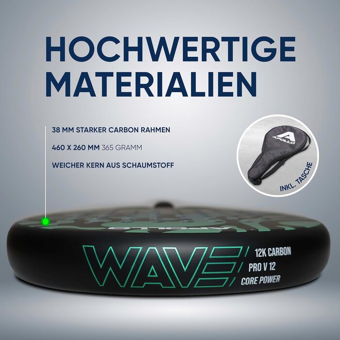 Ракетка для падел Apollo Padelschläger 12K Carbon (унісекс, для початківців та професіоналів, м'ятний колір)