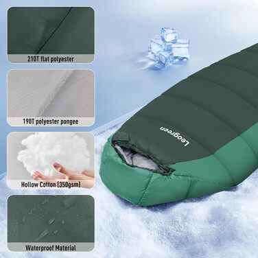 Спальник Leogreen пуховий для дорослих, 3-4 сезони (-15℃ ~ +5℃), 300 GSM, 1800г, для кемпінгу, туризму та альпінізму, 210x80x35 см (Зелений)