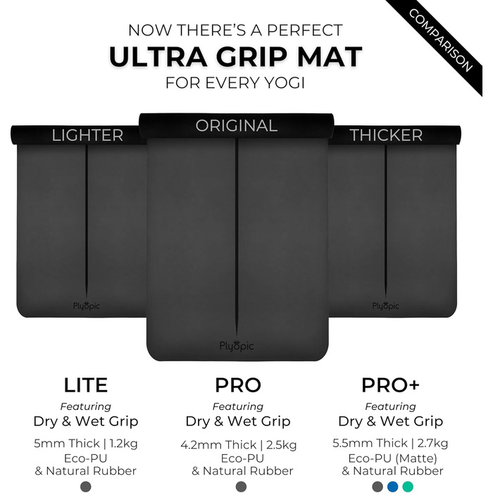 Килимок для йоги Plyopic Ultra-Grip Pro – нековзкий, комфортний, стійкий до поту, з розміткою. Підходить для йоги, джоги, пілатесу, бікрам-йоги та хот-йоги. Чорний колір (Midline)