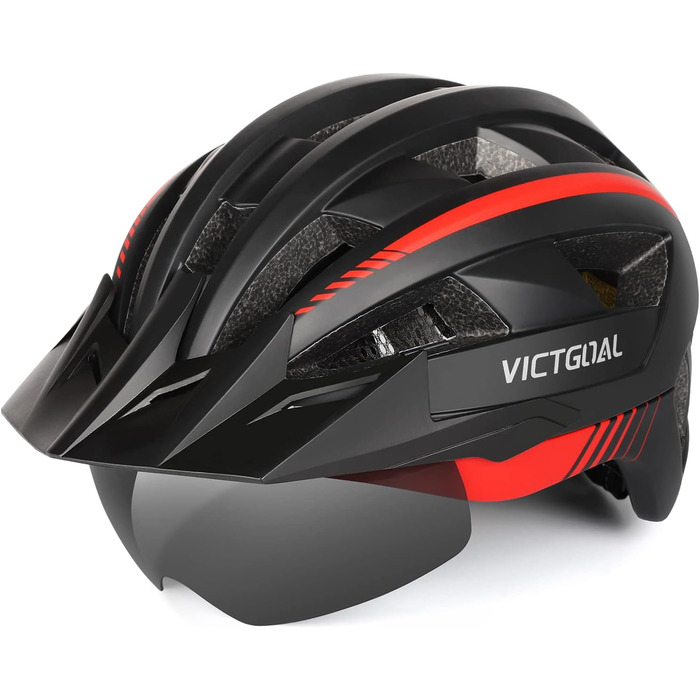 Велосипедний шолом VICTGOAL MTB з магнітним візором, знімним козирком і LED підсвіткою, для чоловіків і жінок, чорний/червоний, XL (59-63 см)