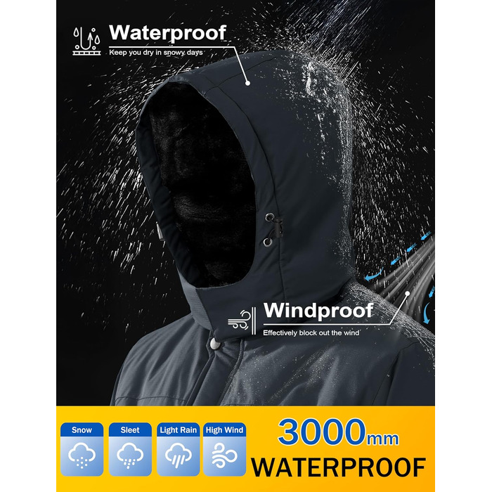 Чоловіча зимова куртка MAGCOMSEN, водонепроникна, з флісовою підкладкою, вітрозахисна, для туризму та активного відпочинку, знімний капюшон (L, темно-сірий)