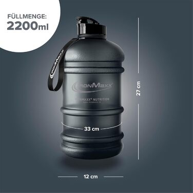 Вода IronMaxx Gallon 2200 мл: пляшка для води без BPA та DEHP з мірною шкалою, різні кольори (Deep Black)