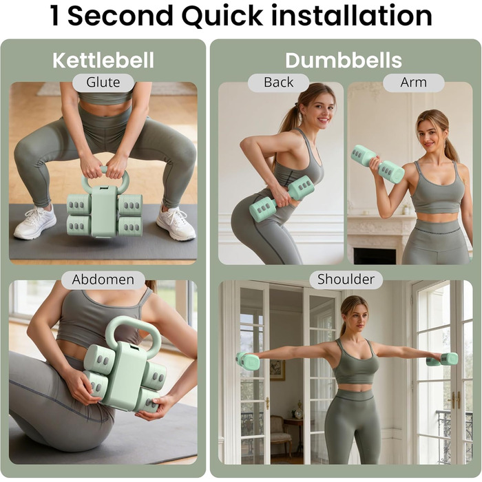 Набір гантелей 2-в-1: регульовані гантелі та м'ячики-гантелі, 4 ступені зміни ваги (1-2.5 кг), для жінок, домашні тренування, з антиковзаючим кріпленням. Зелений колір.