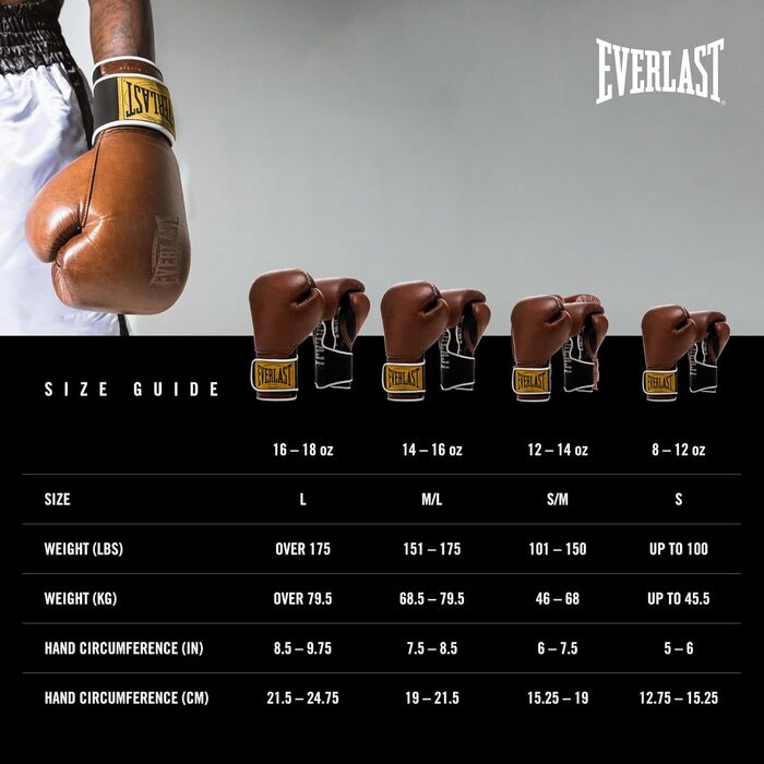 Боксерські рукавички Everlast 1910 Classic з натуральної шкіри, для тренувань з мішком та лапами, на липучці, потрійна амортизація, ергономічне зчеплення – Оригінальні Everlast, Колір: Коричневий, Розмір: 14OZ