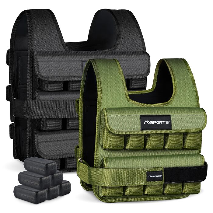 Вага для тренувань MSports Premium, регульована 5-30 кг, вага для бігу, фітнесу, силових тренувань (15 кг, Military Green)