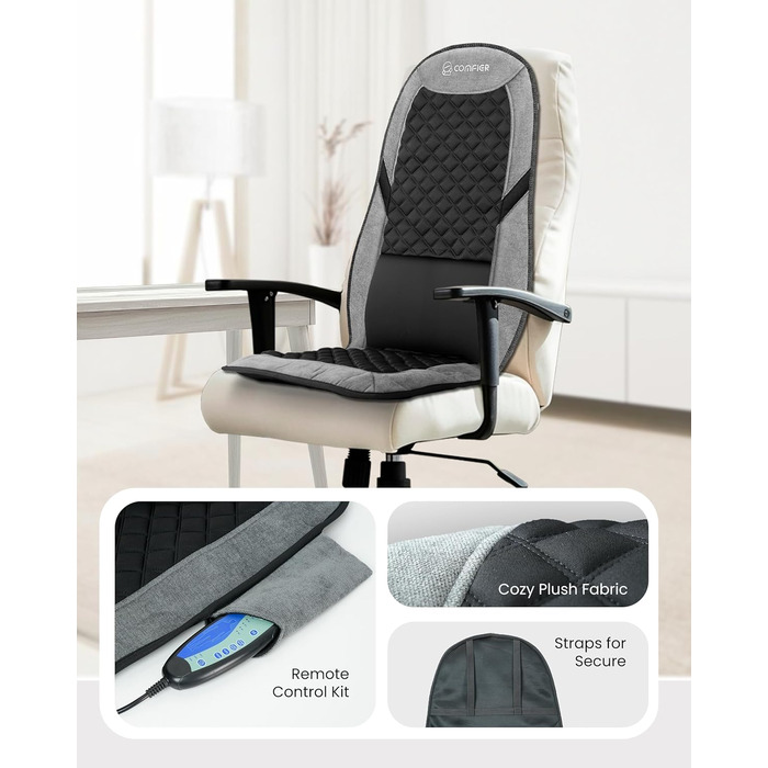 Масажний килимок Comfier з підігрівом та регульованою поперековою підтримкою, вібруючий масажний сидіння, масажер спини для зняття втоми спини, подарунок для жінок, чорно-сірий