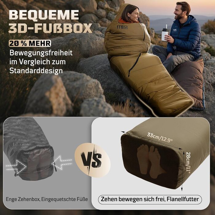 Тактичний спальний мішок 4 сезони 1TG Ranger Green/Coyote Brown, для дорослих, компактний та теплий, для кемпінгу, трекінгу, подорожей (до 185 см)