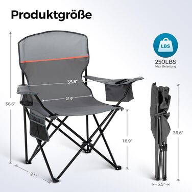 HIGH POINT SPORTS: 2 шт. складаний стілець для риболовлі та відпочинку на природі. Зручний, з кишенею для напоїв та охолоджувальною сумкою, до 120 кг, сірий