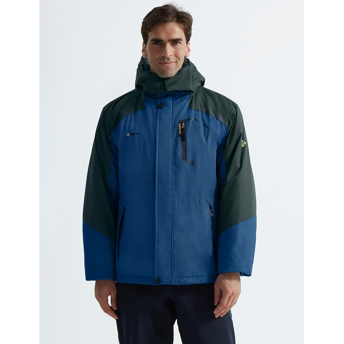 Чоловіча тепла куртка GEMYSE для катання на лижах, вітро- та водонепроникна, дихаюча, з багатьма кишенями, зимова куртка з капюшоном, білий колір (L, Lilablau Dunkelgrau)