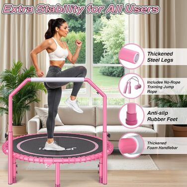 Міні-батут для фітнесу JOY SPOT! Ø102 см, складний, з пружинами та регульованою ручкою, вантажопідйомність 204 кг, для дому та вулиці, з скакалкою