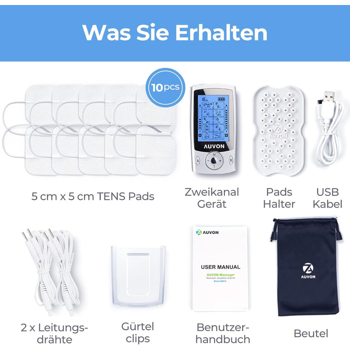 Пристрій TENS AUVON: 2 канали, 20 програм, 10 електродів для зняття болю в спині, шиї, плечі, нозі