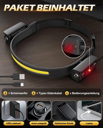 Налобний ліхтар Tekwet LED з акумулятором, 2 шт., 230° світловий потік, датчик руху, 2400 mAh, 6 режимів, для кемпінгу, піших прогулянок, бігу, риболовлі, чорний