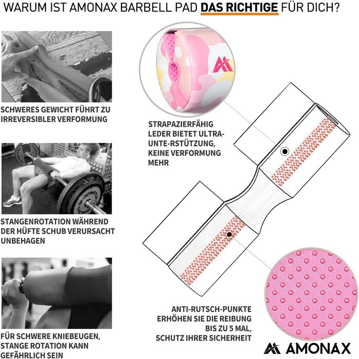 Amonax Подушка для штанги, товста шийна накладка з екошкіри, для присідань, хіп-трасту та фітнесу, рожева камуфляж