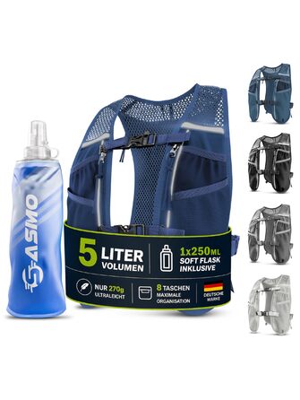 Жилет для бігу SASMO® унісекс (2L, 5л) - ультралегкий, дихаючий, 8 кишень + 2 пляшки 250мл (темно-синій)