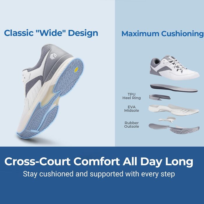 Тенісні кросівки FitVille для чоловіків (широкі) - білі/сірі. Дыхаючі кросівки для тенісу, бадмінтону, залу, фітнесу. 46 EU (широкі)