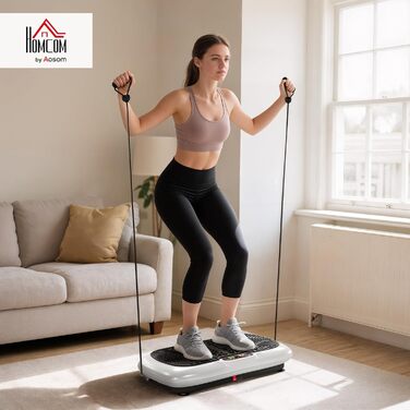 Вібраційна платформа HOMCOM з фітнес-гумками, 99 рівнів вібрації, 120 кг, для домашніх тренувань, LCD-дисплей, 200W, 73 x 40 x 13 см, білий+чорний