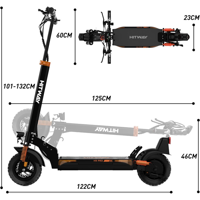 Електросамокат HITWAY H9 PRO з дорожнім допуском, 10-дюймовий, складаний, подвійна амортизація, акумулятор 48В 27Аг, мотор 500Вт, запас ходу 110 км, 20 км/год, APP, чорний/оранжевий