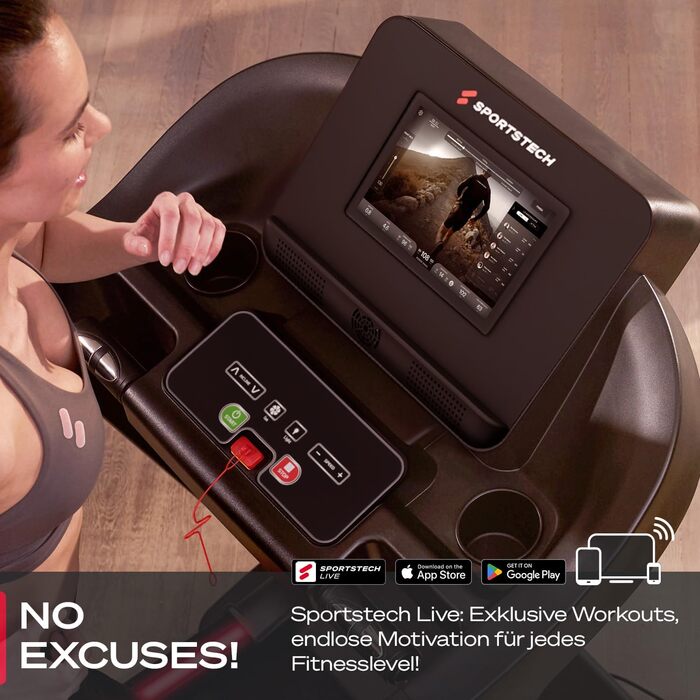 Біговий тренажер Sportstech F37s Pro: складаний, до 20 км/год, 7PS, регулювання нахилу, 150 кг, з підключенням до APP, сертифікований TÜV