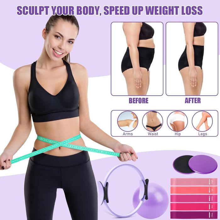 Набір для пілатесу: кільце Magic Circle 32 см, м'яч, стрічки, диски для ковзання, постер з інструкцією, аксесуари преміум-класу