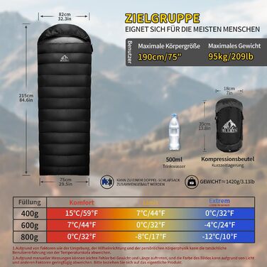 Спальний мішок зимовий Daunenschlafsack, теплий та легкий для дорослих та дітей, 680FP, для походів, альпінізму, кемпінгу. Чорний, 0°C