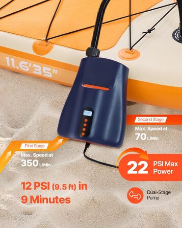 Електрична SUP-насос VEVOR з USB-виходом, 22 PSI, з LED-підсвічуванням та автоматичним вимкненням. Ідеально для надувних SUP-дошок, наметів та інших надувних виробів.