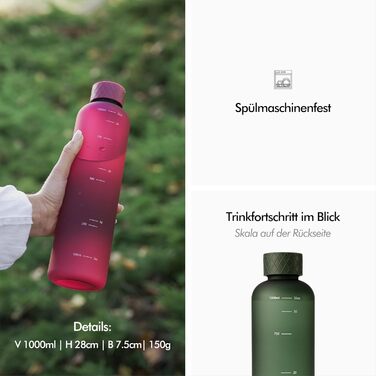Пляшка для води KIVY 1 л – герметична, підходить для газованих напоїв, спортивна, для школи, офісу, BPA Free, темно-червона
