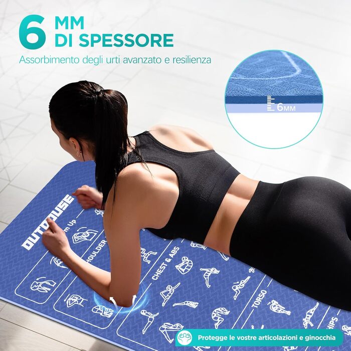 Килимок для йоги Sportmatte – 70 з друкованими позами, неслизький матеріал TPE, для гімнастики, пілатесу, дому та подорожей, фітнес-килимок для жінок та чоловіків, 181x63x0,6 см (Глибокий синій та світло-синій)