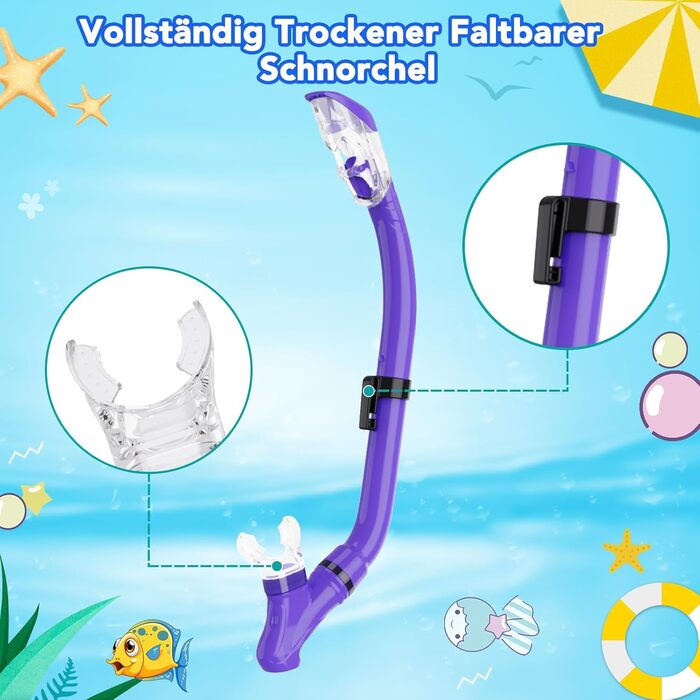 Набір для снорклінгу для дітей з ластами, маска з панорамним оглядом 180°, регульовані ласти, високоякісна маска та сухий снорклінг для плавання (фіолетовий)