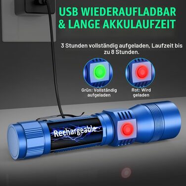 Ліхтарик Karrong LED з USB-зарядкою: Ультрафіолетовий (UV 395нм) та червоний світло, 7 режимів, магнітний корпус, акумулятор, для кемпінгу та походів (Синій, 2 шт)